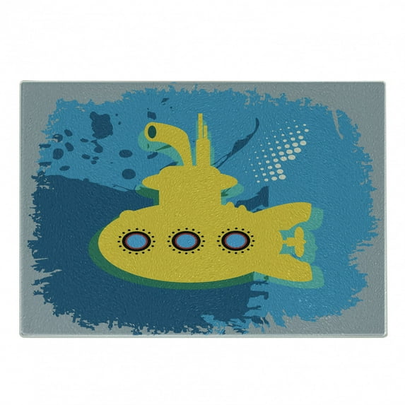 Yellow Submarine Cutting Board, Illustration of a Submarine Bubbles Under the Sea Print, Decorative Tempered Glass Cutting and Serving Board, Small Size, Mustard and Petrol Blue, by Ambesonne
