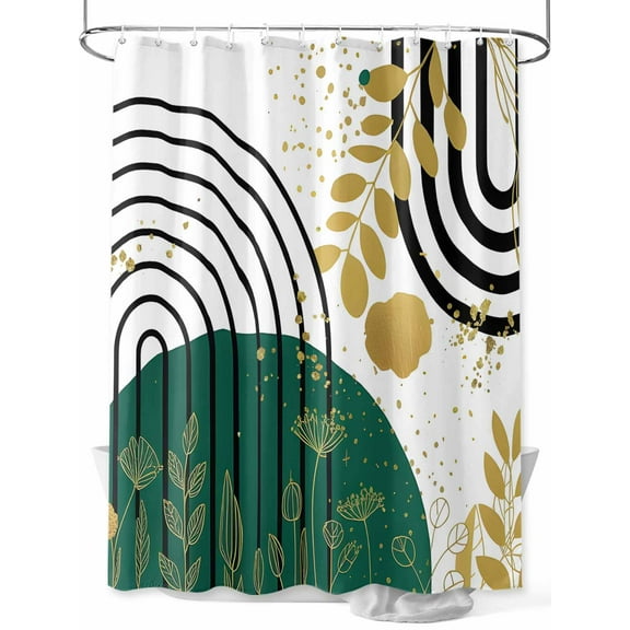 Green Gold Leaf Black Circle Shower Curtain, Boho Mid Century Bathroom Decor Curtains Set with Hooks, Waterproof Fabric Home Accessories, 72X 96 Inch Extra Long