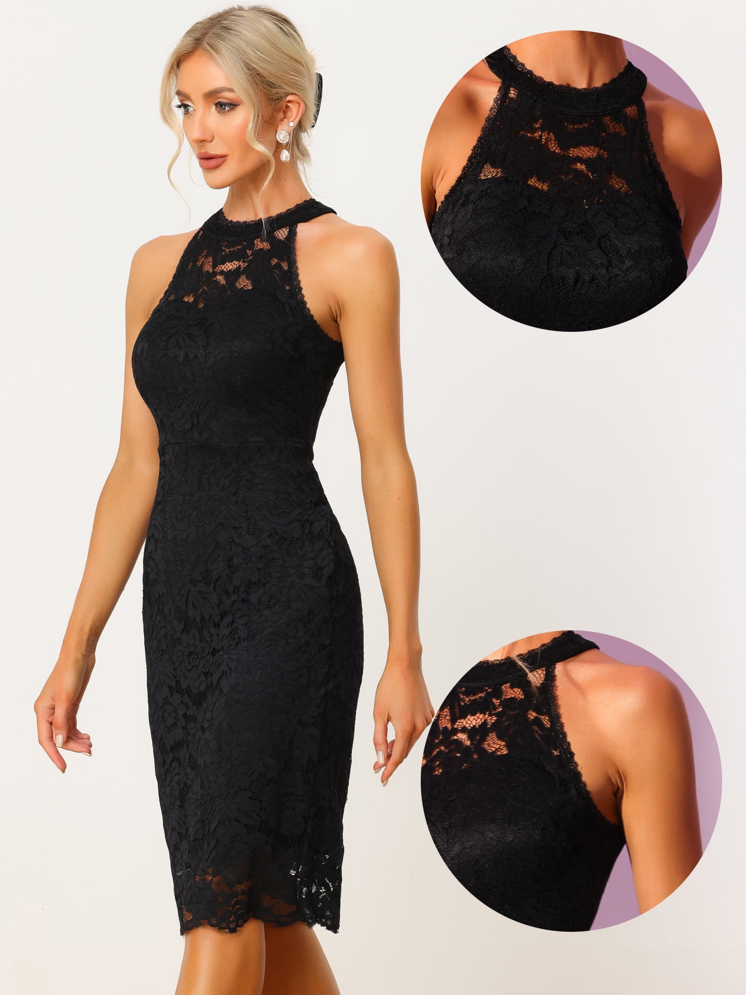 DARING DIVA Lace Halter Neck Sleeveless Bodycon Cocktail Sheath Dress XL Black