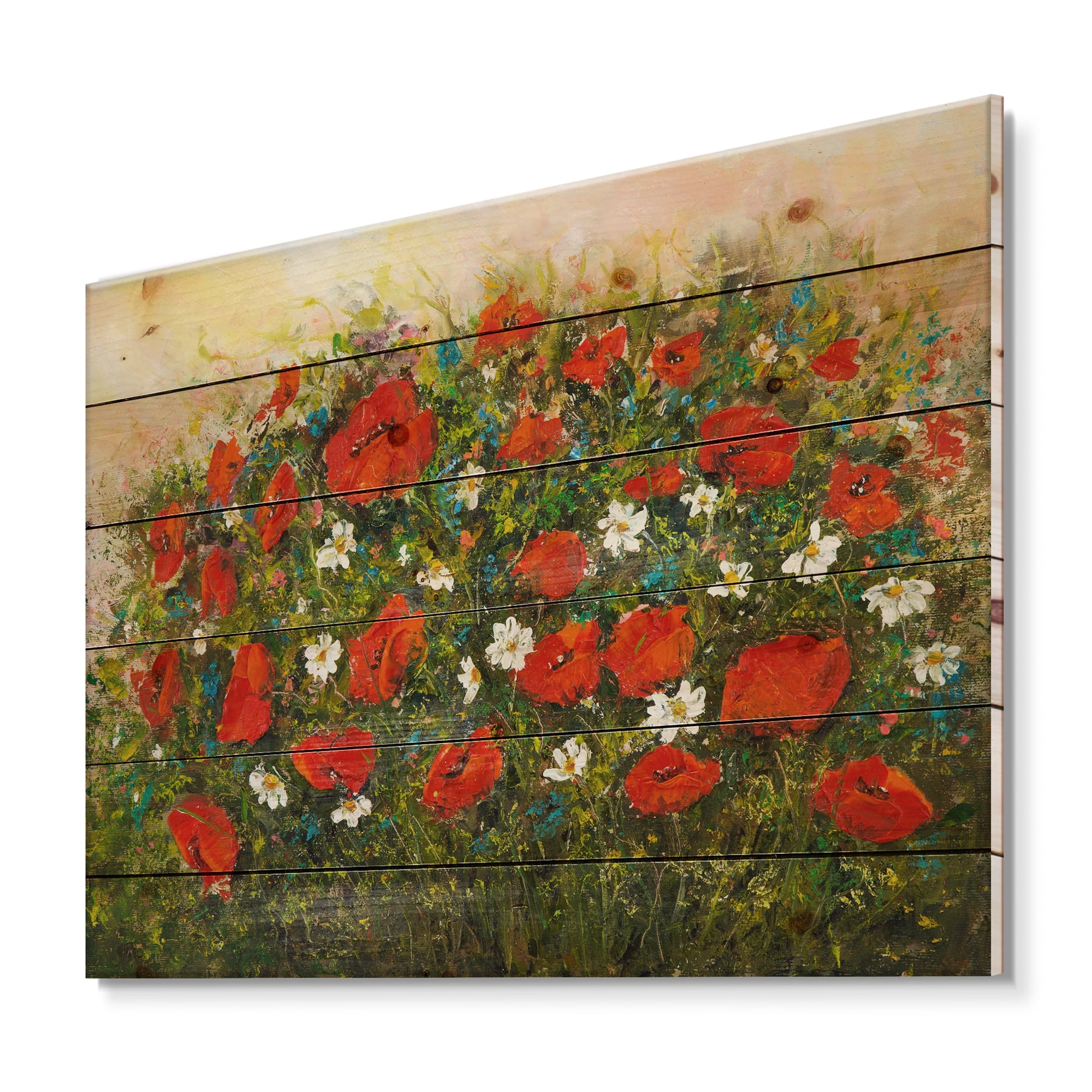 Designart 'The Fields of Red Wildflowers' Traditional Print on Natural Pine Wood