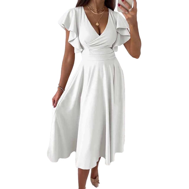 Vestido corto de manga con volantes para mujer, elegante, de Color puro, con cuello en V, cintura fruncida, vestido a media pierna para el trabajo