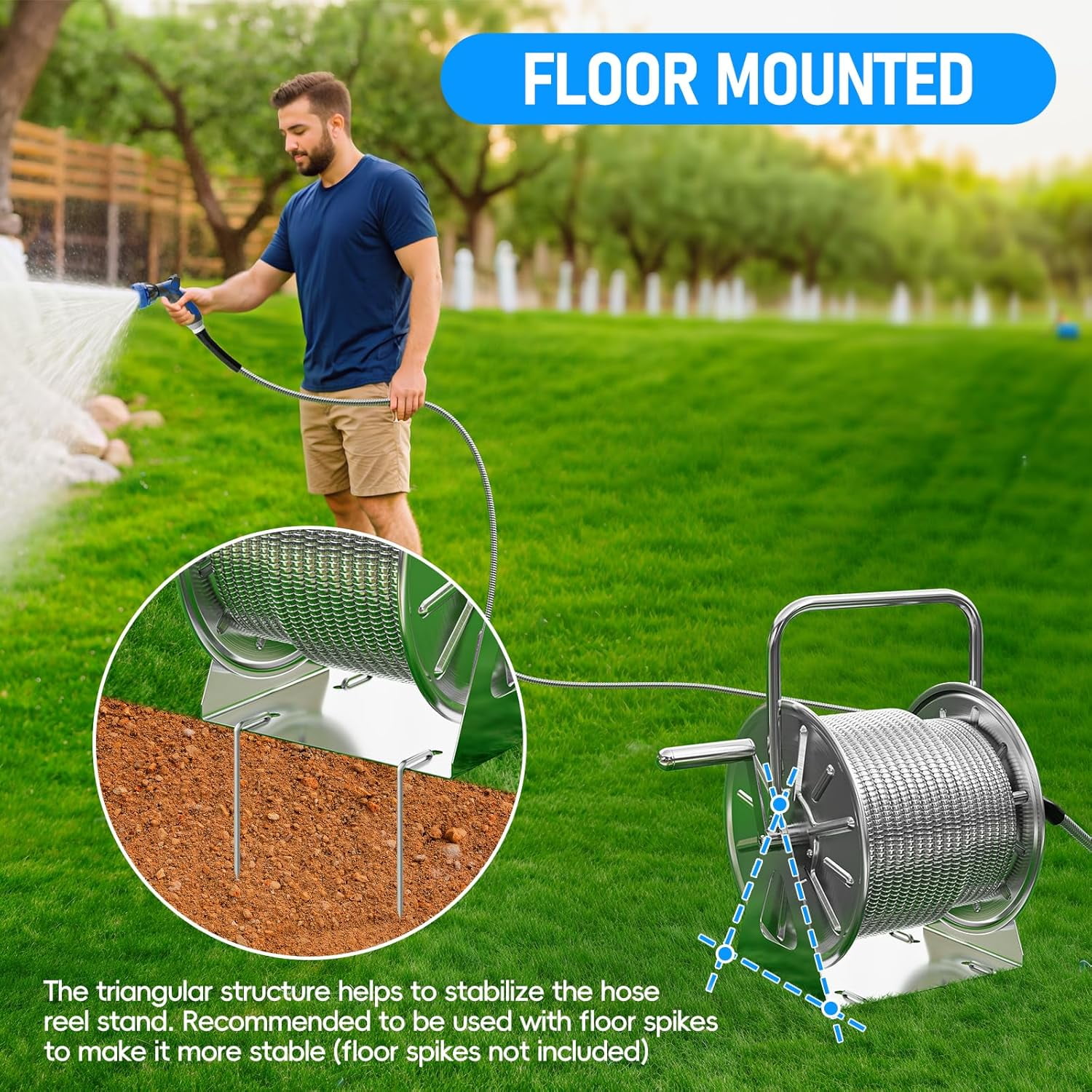 SPECILITE Stainless Steel Outdoor Hose Reel with 100ft Water Hose and 6.2ft Leader Pipe, Wall/Floor Mounted for Yard, Patio