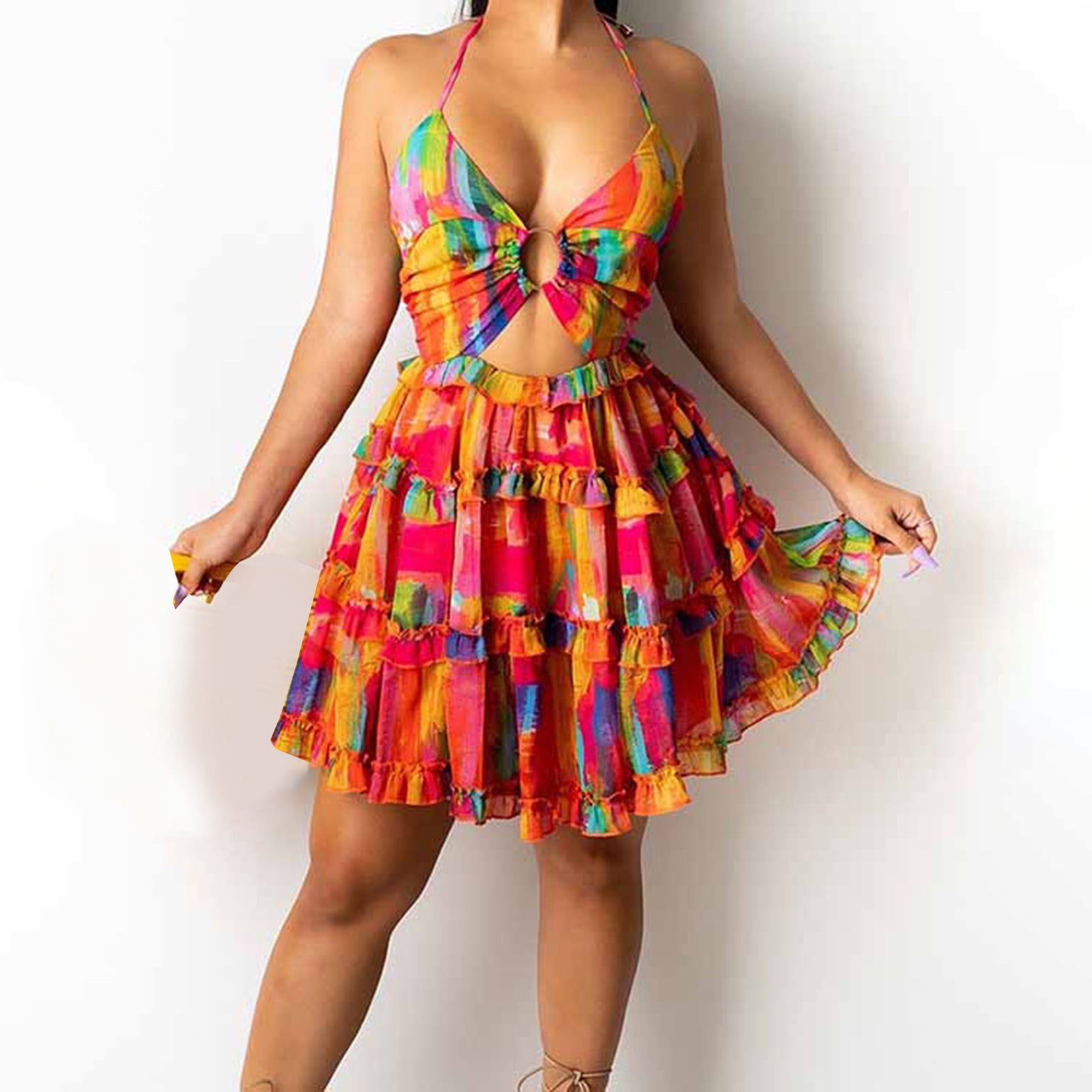 multi color Floral halter tropical bright summer beach party dress