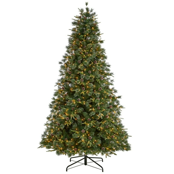 Nearly Natural Snowed Tipped Clermont Mixed Pine Artificial Christmas Tree with Clear Lights, Pine Cones and Bendable Branches-Size:108 inch