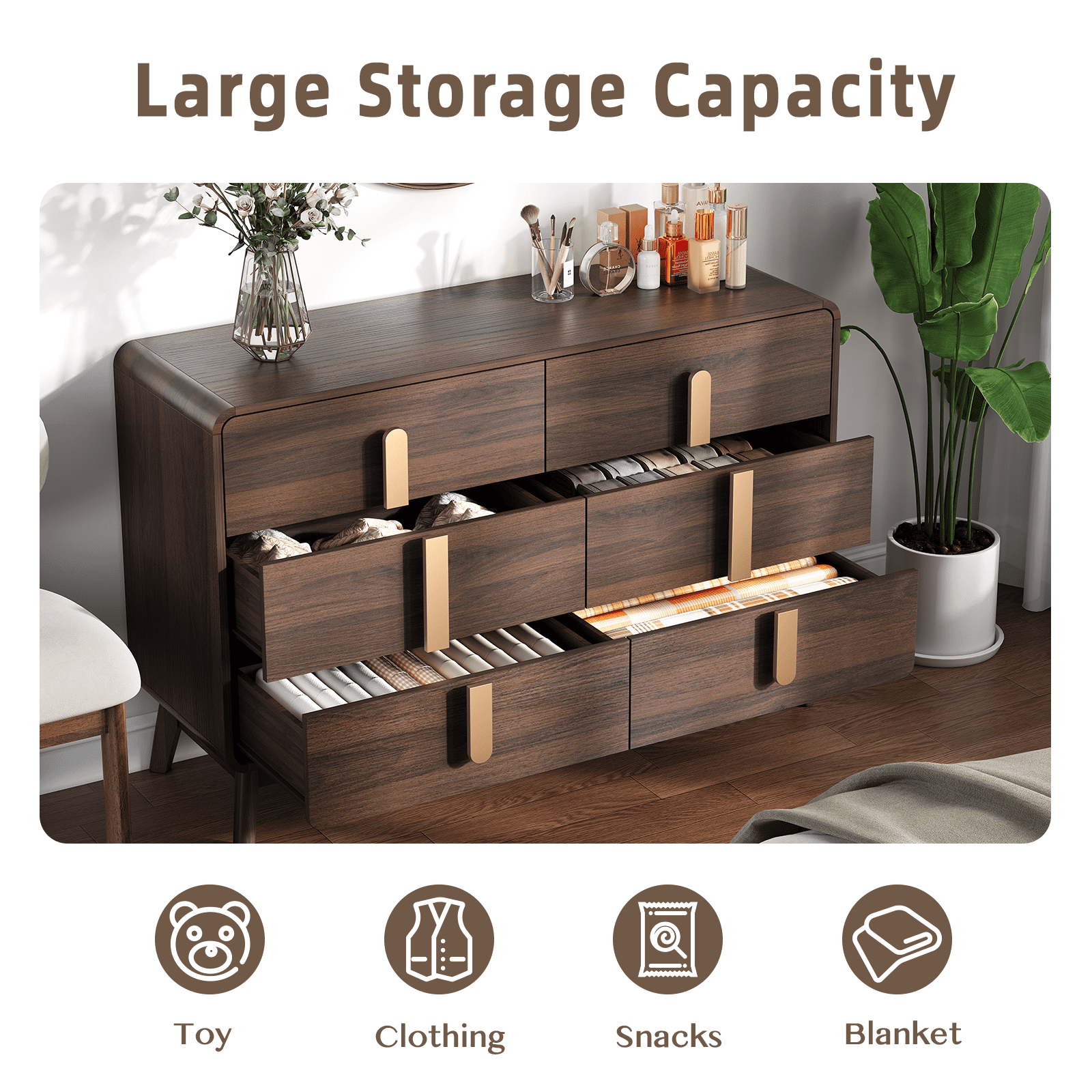 JOINICE Mid Century Modern 6 Drawer Dresser with Storage,Large Wood Drawer Organizer,for Bedroom,Black Walnut