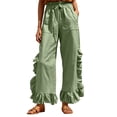 thumbnail image 2 of Bloomae Wide Leg Boho Pants Women Casual Drawstring Elastic High Waisted Flowy Ruffled Hem Palazzo Pants Trendy Beach Vacation Lounge Trousers with Pockets, 2 of 9