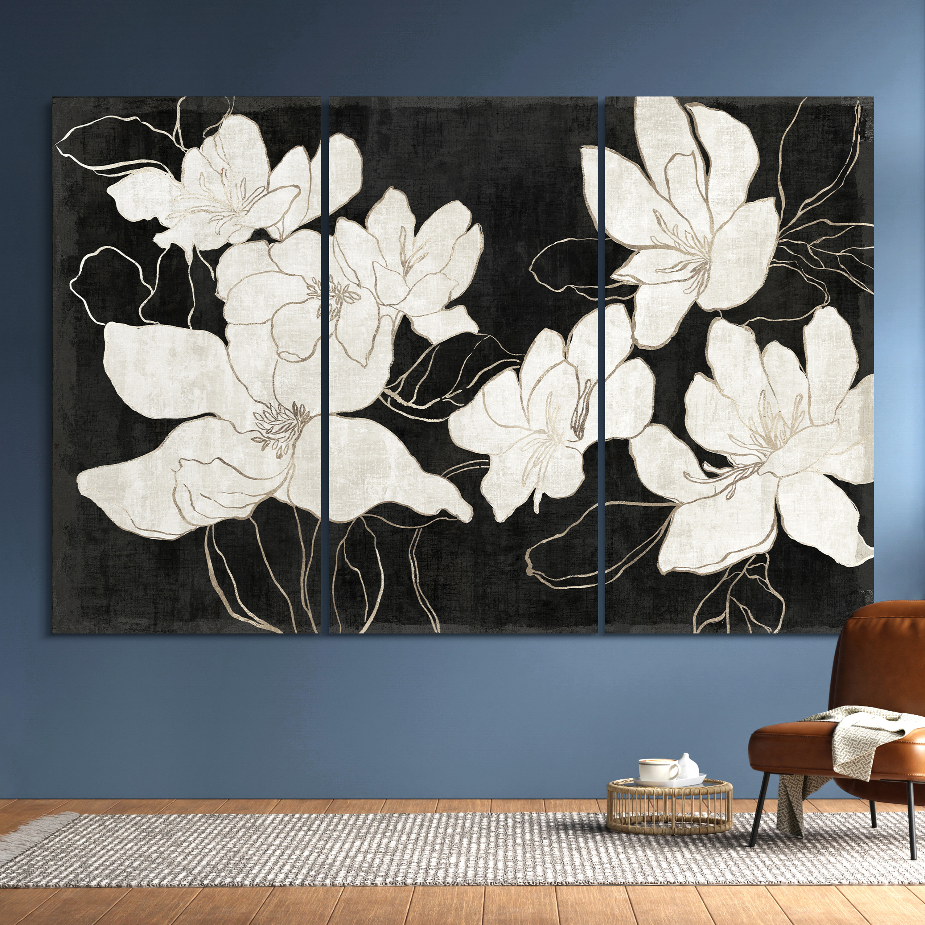 "Floral Elegance Trio" White Flower Frameless Free Floating Reverse Printed Tempered Glass Wall Art