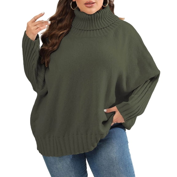QIYAGBSA Plus Size Sweater for Women Oversized Batwing Sleeve Turtleneck Ribbed Trim Casual Fall Winter Pullover (Army Green 2XL)