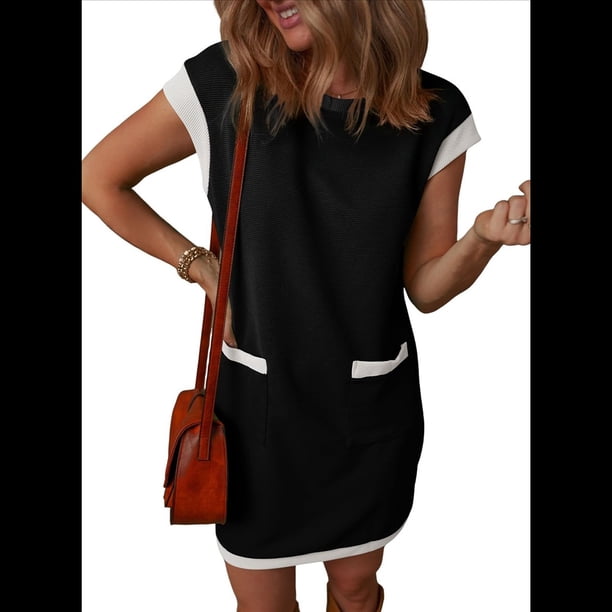 Vestido Mini con Mangas y Bloques de Color, Negro, Talla M