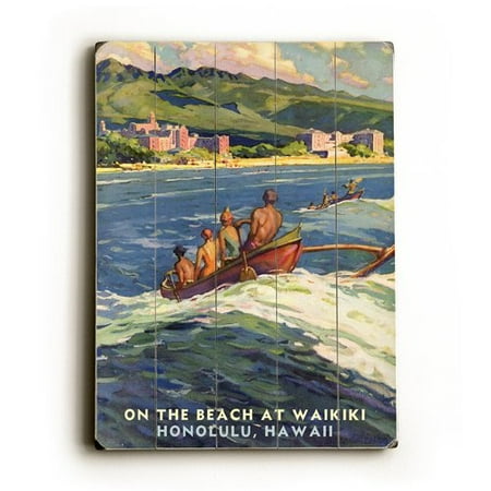Artehouse LLC On The Beach Waikiki Planked Vintage Advertisement Plaque