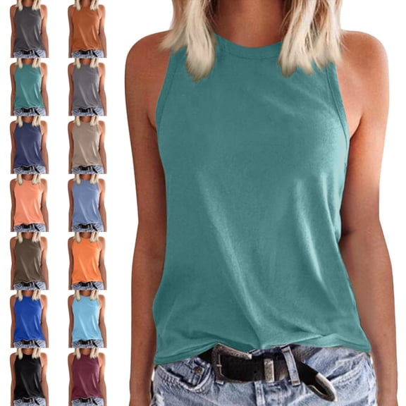 Bmisegm Womens Tank Tops Sleeveless Wide Straps Round Neck Solid Color Summer Vest Summer Tops for Women Dark Green M