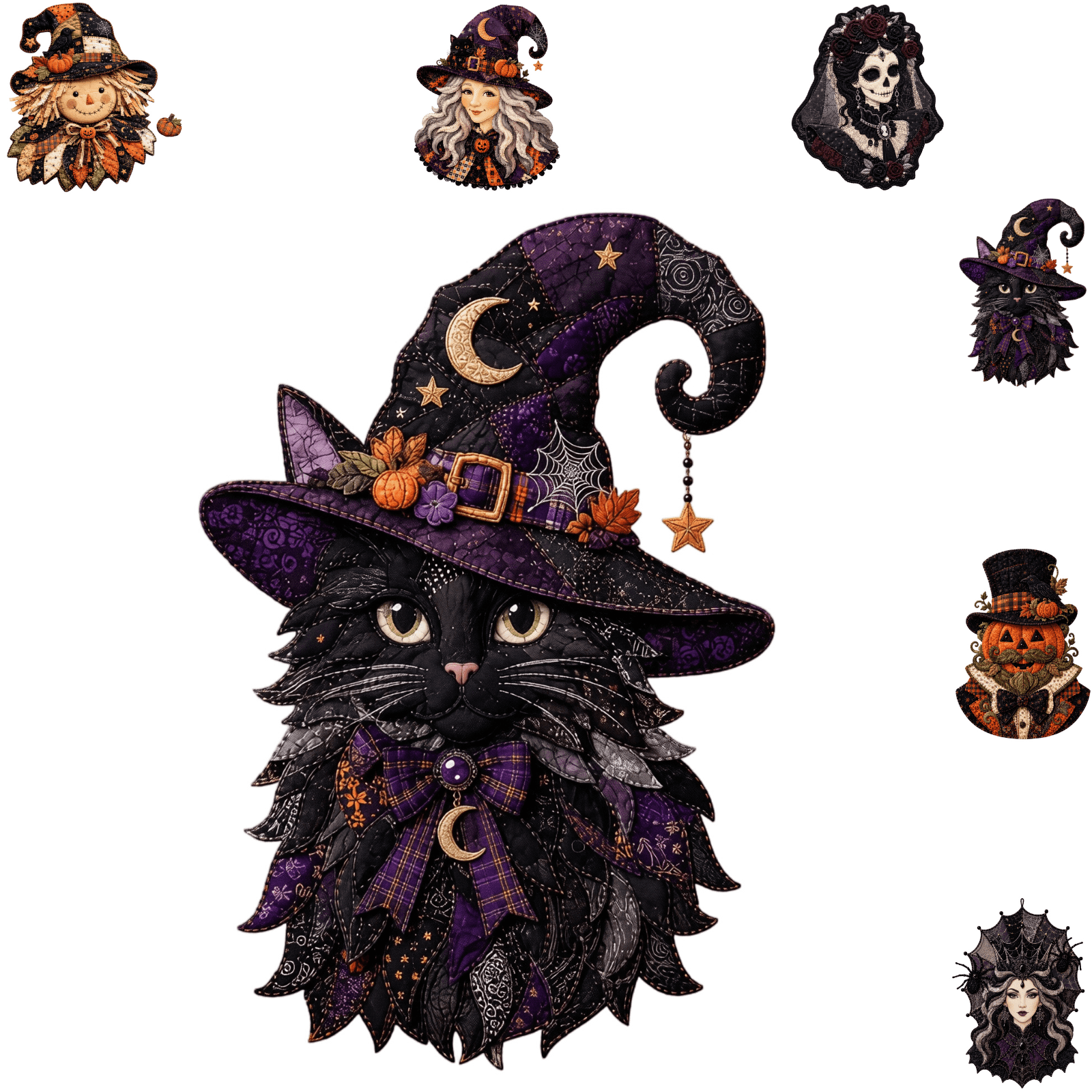 Halloween Patchwork Quilting Fabric Kit Halloween Decorations Indoor Halloween Character Patchwork DIY Kit Vintage Patch‑Stitch Fabric Panel Sewing Kit for Intermediate Beginner Hobbyists-C