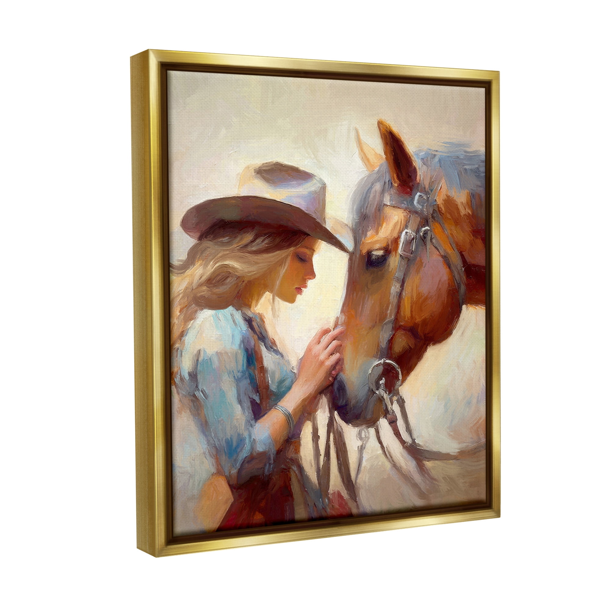 Stupell Industries Country Girl & Horse Animals & Insects Painting Gold Floater Framed Canvas Art Print Wall Art, 25 x 31
