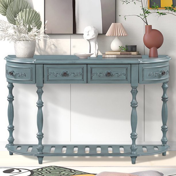 Blue Console Table with 4 Drawers, Vintage Curved Entryway Table