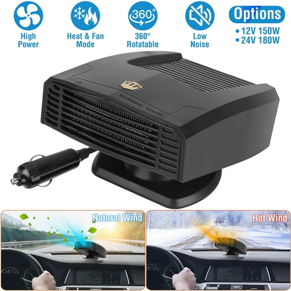 12V 150W Portable Car Heater 2 in 1 Heating Fan Defroster Defogger Demister with 360°Rotating Base for Car Truck Van Bus, Black