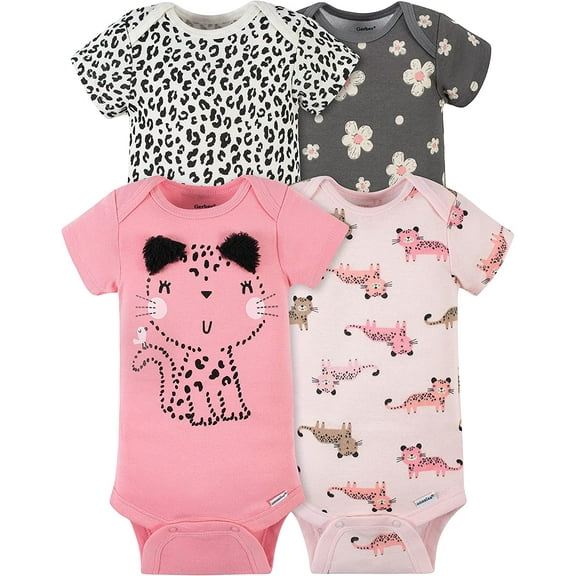 Gerber baby-girls 4-pack Short Sleeve Onesies Bodysuits Newborn Leopard Pink