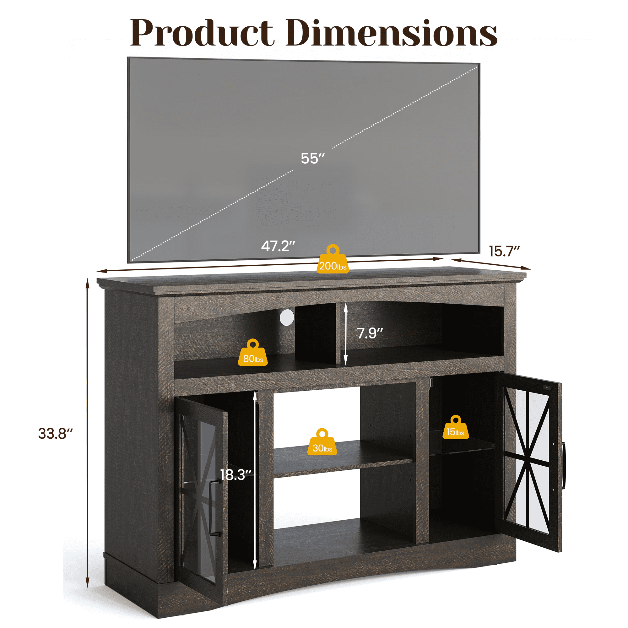 Mintazer 47" Farmhouse TV Stand with Adjustable Shelves & LED Light, Retro Media Entertainment Center Storage Cabinet for Living Room, Bedroom, Brown