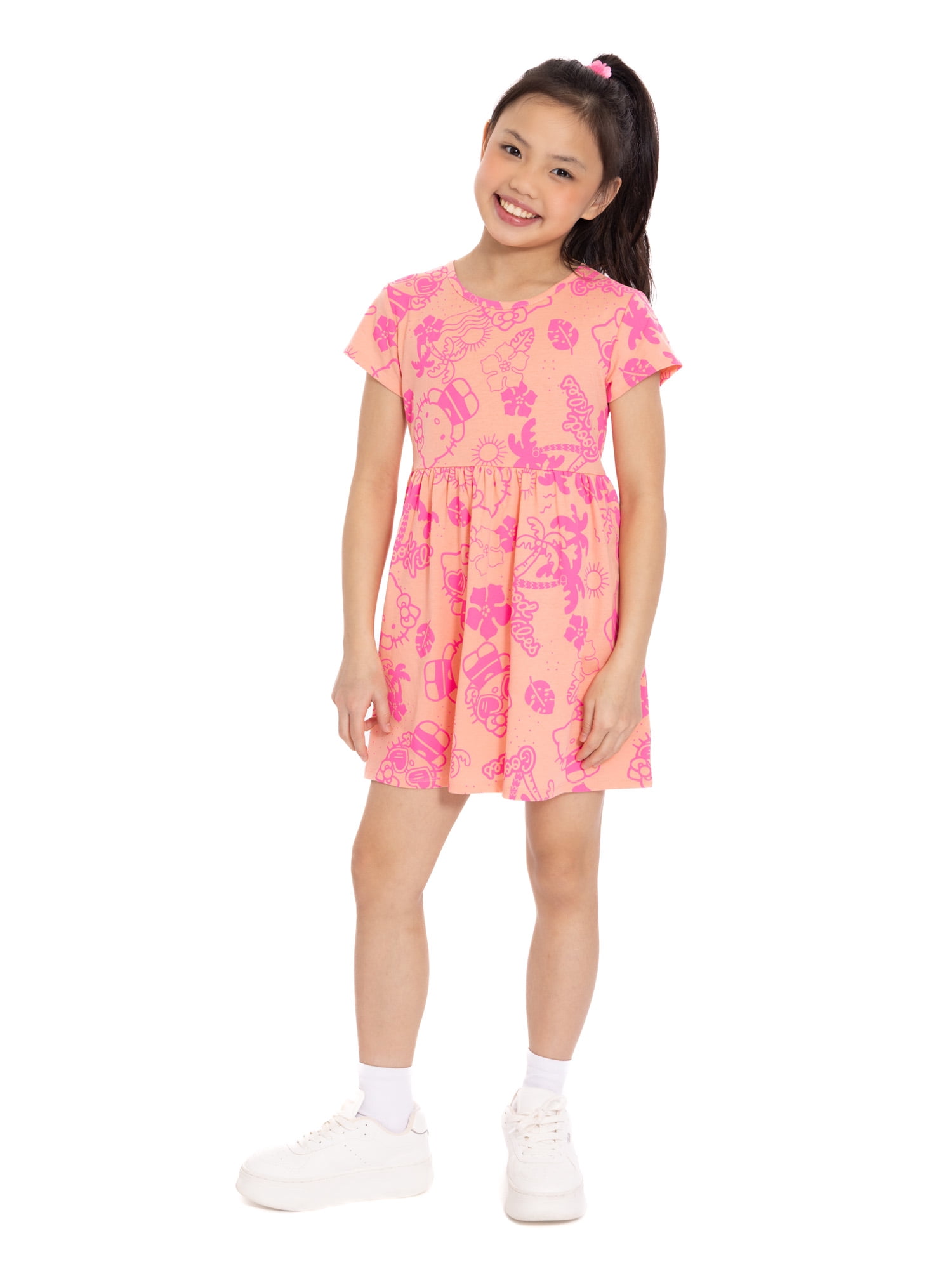Hello Kitty and Friends Girls Allover Print Dress with Short Sleeves, Sizes 4-12