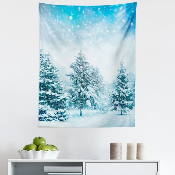 Winter Tapestry, Snow Covered Fir Trees on Mountainside Blizzard Arctic Woodland Tranquil Outdooors, Fabric Wall Hanging Decor for Bedroom Living Room Dorm, 5 Sizes, Blue White, by Ambesonne