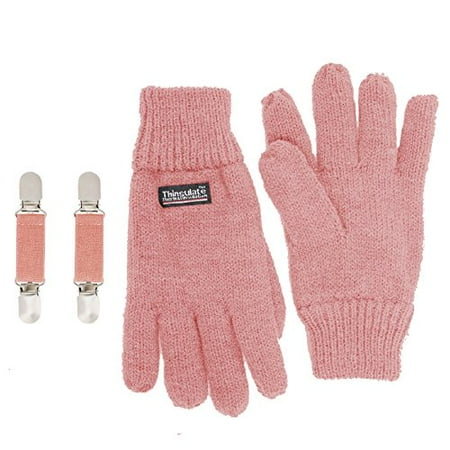 SANREMO Unisex Kids Knitted Fleece Lined Warm Winter Gloves and Glove Clips set (4-7 Years, Light Pink)
