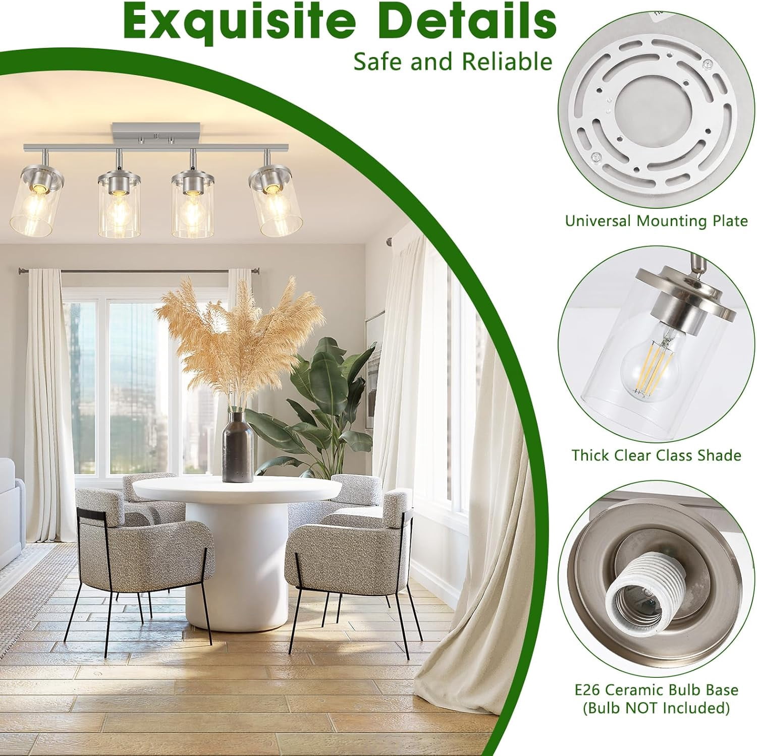 4-Light Brushed Nickel Track Lighting Kit with Clear Glass, Modern Track Light Fixtures Flush Ceiling Mounted, Tracking Vanity Lighting Rotatable Spotlight for Kitchen Bathroom