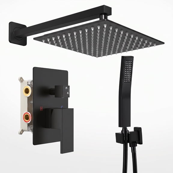 Alvantor Wall-Mounted Shower Faucet Set, 10/12 Inch Square Overhead Spray and Handheld Shower Head with Pressure Balance and Temperature Control Valve
