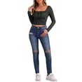 thumbnail image 2 of INSPIRAR CHIC Blusa Casual de Cuello Cuadrado con Fruncidos de Manga Larga Ajustada y Cortada en Color Negro Talla L, 2 of 5