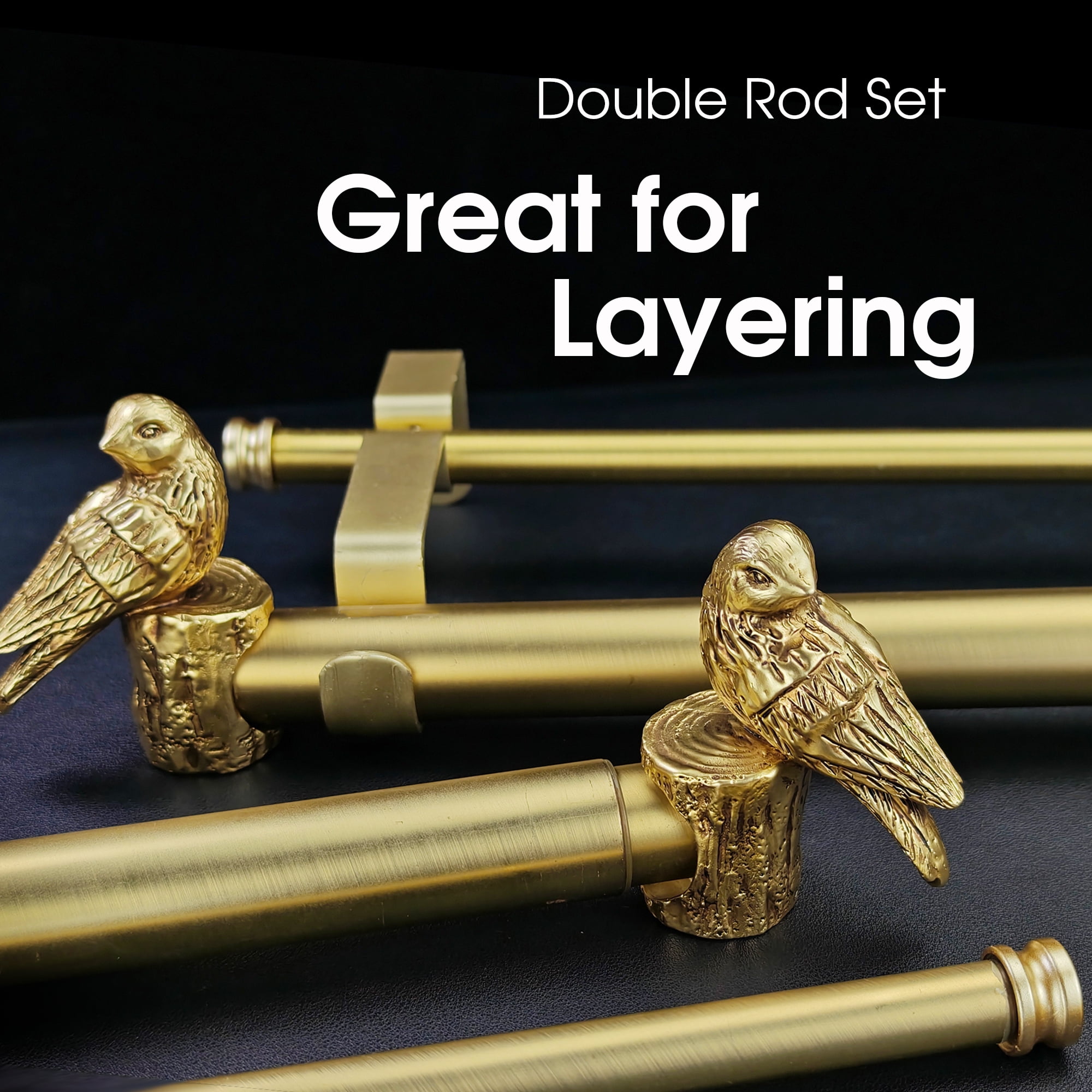 1-1/8 Inch Diameter Gold Curtain Rod with Bird Design Finials, 36-72''