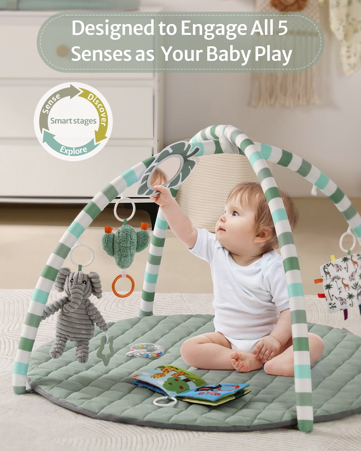 Blissful Diary Baby Play Gym Activity Mat, Tummy Time Mat Play Mat with 6 Sensory Toys for Motor Skill Development, Newborn Infant Baby Essentials Gift for Boys Girls, Sage Green