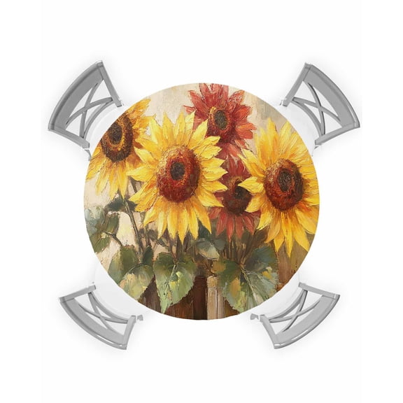 nqOlkjepod Spring Sunflowers Round Tablecloth, Fitted Table Cover with Elastic for 45"-54" Round Tables, Abstract Oil Painting Floral Leaf Plant Table Cloth Dinning Party Waterproof Tablecloths