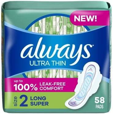 Always Ultra Thin Pads with Wings, Size 2, Long Super Absorbency, 58 CT