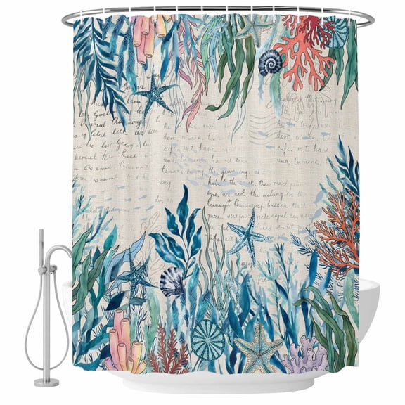 Coastal Green Seaweed Shower Curtains for Bathroom, Waterproof Fabric Bath Curtains Decor, Bath Tub Curtain Summer Beach Coral Starfish Rustic Decorative Shower Curtain Sets with 12 Hooks, 72x72 Inch