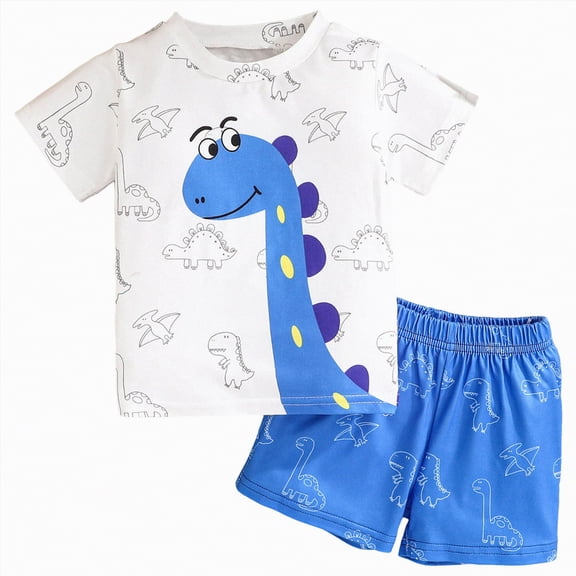 TOWED22 Toddler Kids Baby Boy Summer Clothes 2 Pieces Dinosaur Print Crewneck T-Shirt Elastic Waist Shorts Outfits(Blue,9-12 M)