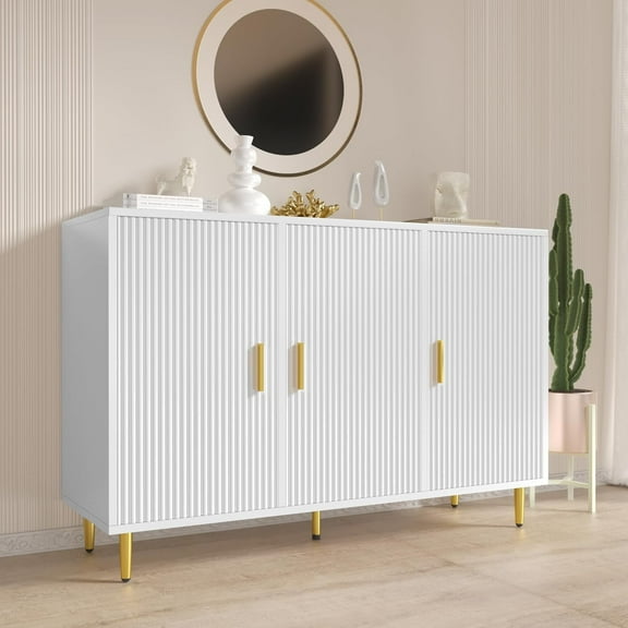 DIYART Luxury Sideboard Buffet Cabinet, Accent Coffee Bar Cabinet with 3 Doors, Entryway Cabinet for Living Room, Kitchen, Hallway, White