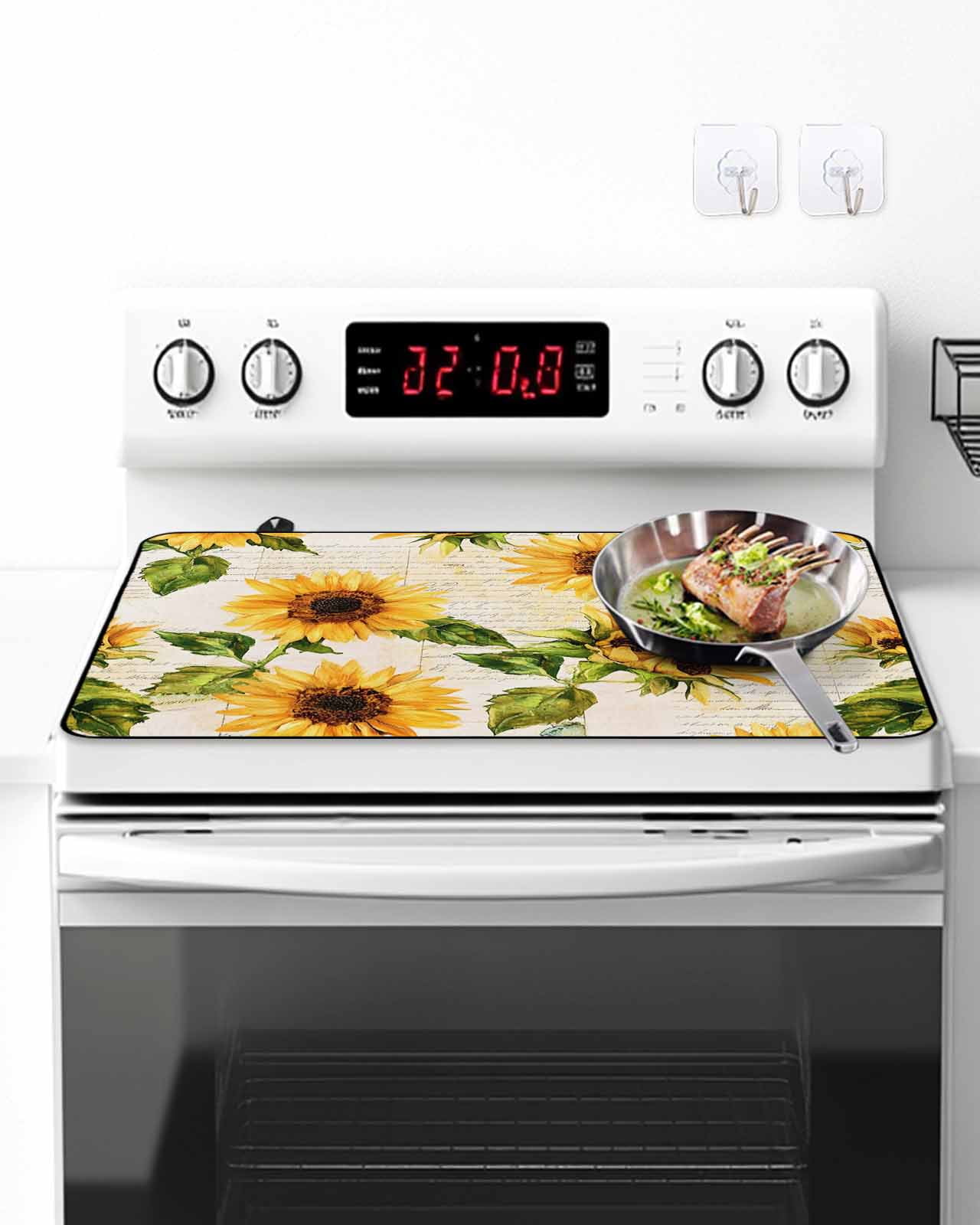 Stove Top Covers for Electric Stove, Retro Sunflower Glass Stovetop Cover Protector, Watercolor Letter Flowers Induction Cooktop Protector Oven Mat for Kitchen Countertop 24"x21"