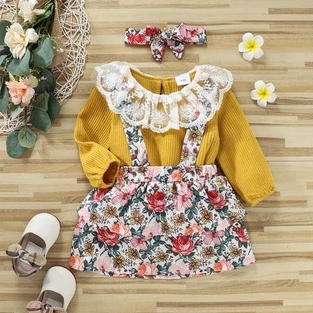 

KONBECA Infant Girls Tops Skirt Outfit Sets Toddler Girls Cute Lace Collar Long Solid Color Long-sleeved Blouse Romper Flower Suspender Skirt Little Girls Top Infant Skirt Set Yellow (6-9 Months)