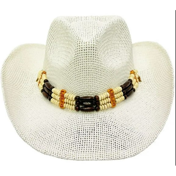 WHITE COWBOY Paper Straw HAT with Beads SHAPEABLE Cowboy Cowgirl Lightweight - New with box/tags