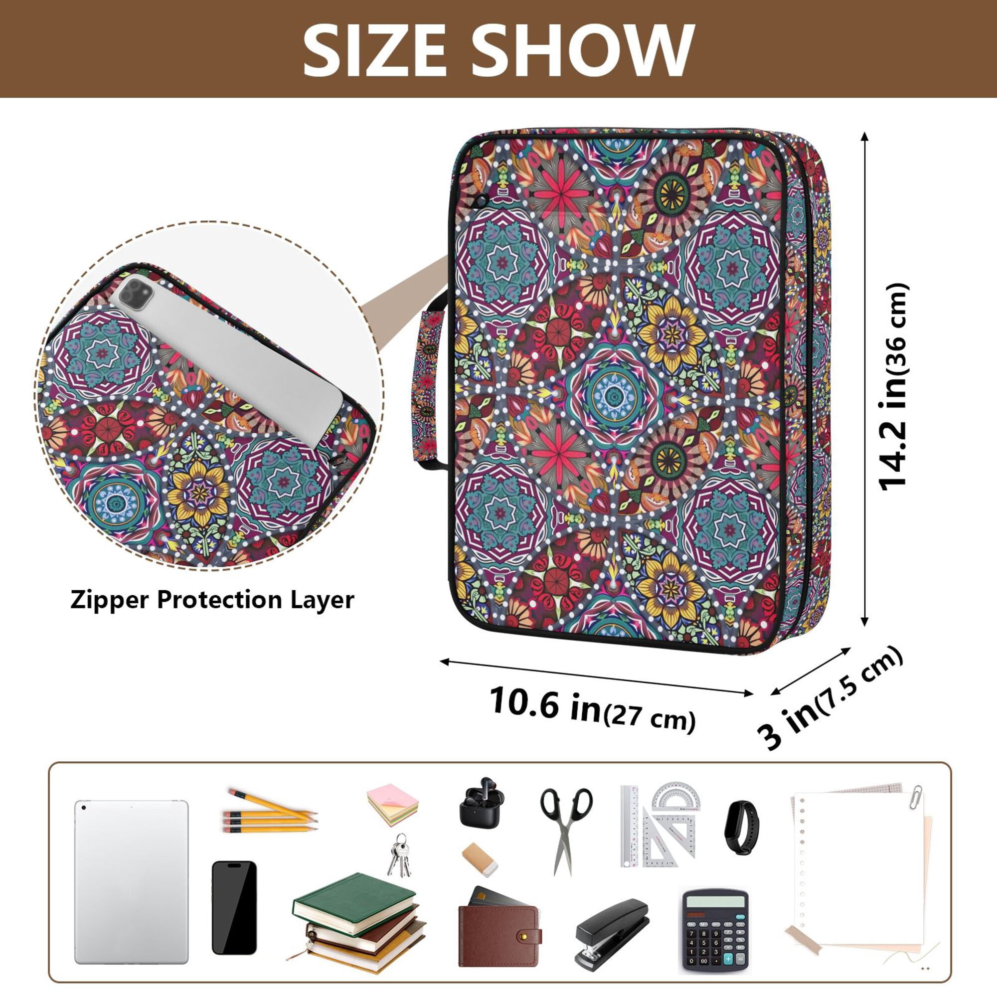 FORMRS Accordion File Folder A4 Size 7-Pocket Expanding Document Organizer Bag with 3 Ring Binder, Colorful Mandala Pattern
