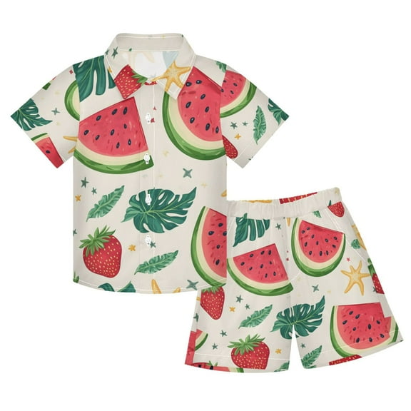 joogoo Boy Shorts Set Watermelon and Strawberry 2 Piece Short Sleeve Button Down Hawaiian Shirt Shorts 5-6T