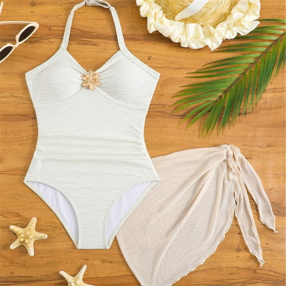 Xmyrz Girls Color Block One Piece Swimsuit Floral with Wrap Skirt Ribbed Bathing Suit White 11-12 Y