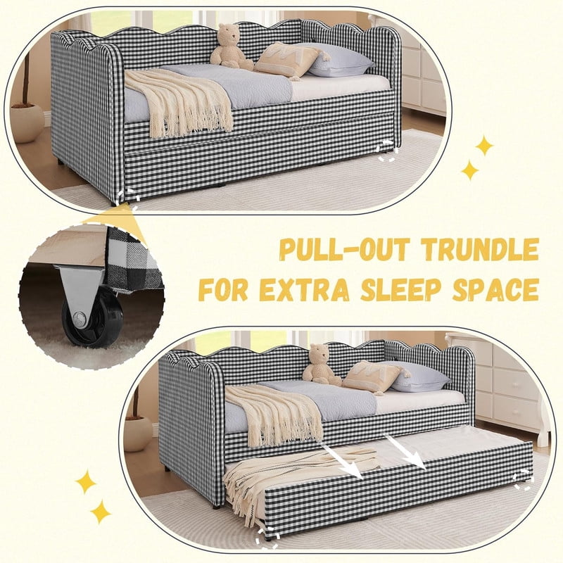 Full Size Upholstery Daybed with Trundle and USB, Full to King Design Wave Shaped Extendable Linen Sofa Bed, No Box Spring Required, for Living Room and Bedroom