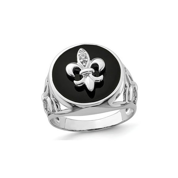Mens Fleur De Lis Synthetic Cubic Zirconia (CZ) and Black Onyx Ring in Sterling Silver