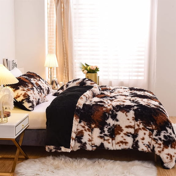 Cow Print Duvet Cover Shaggy Fluffy Tie Dye Brown Black Velvet Bedding Set