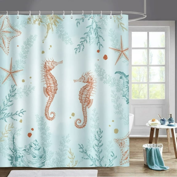 Coastal Beach Seahorse Shower Curtain Starfish Coral Ocean Blue Decorative Bath Curtain 72 x 72 Inch Polyester Fabric Machine Washable Waterproof Bathroom Curtain with 12 Hooks