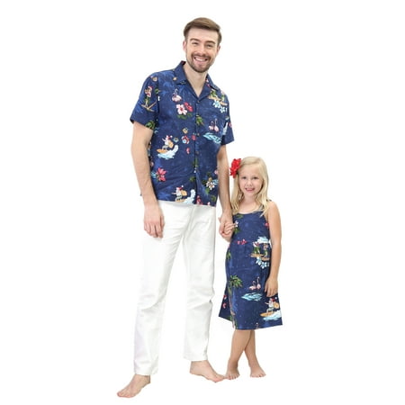 Matching Father Daughter Hawaiian Luau Outfit Christmas Men Shirt Girl Dress Navy Santa Flamingo S-8