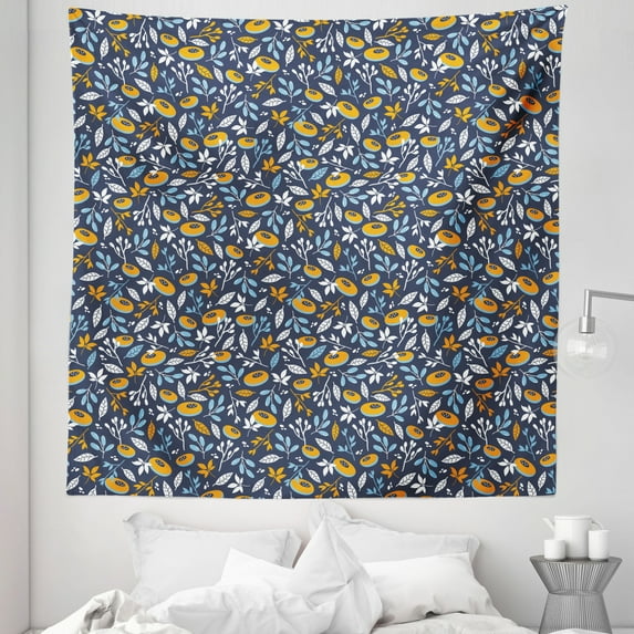 Leaf Tapestry, Hand Drawn Flowering Branches with Abstract Spring Composition on Dark Backdrop, Fabric Wall Hanging Decor for Bedroom Living Room Dorm, 5 Sizes, Multicolor, by Ambesonne