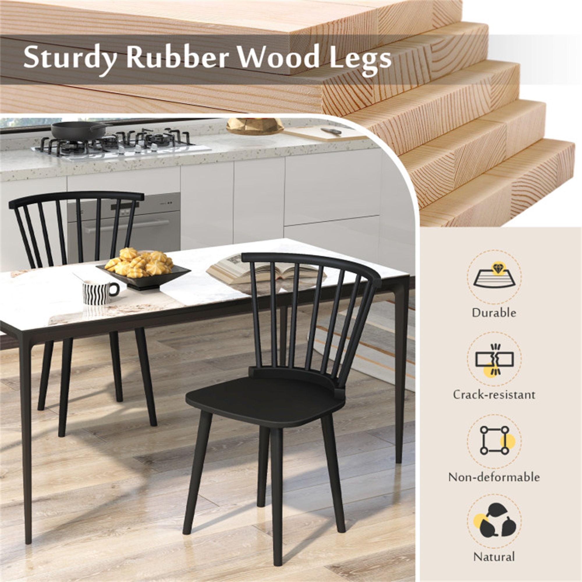 Demi Bonn Windsor Dining Chairs Set of 2 Rubber Wood Kitchen Chairs with Spindle Back, Black