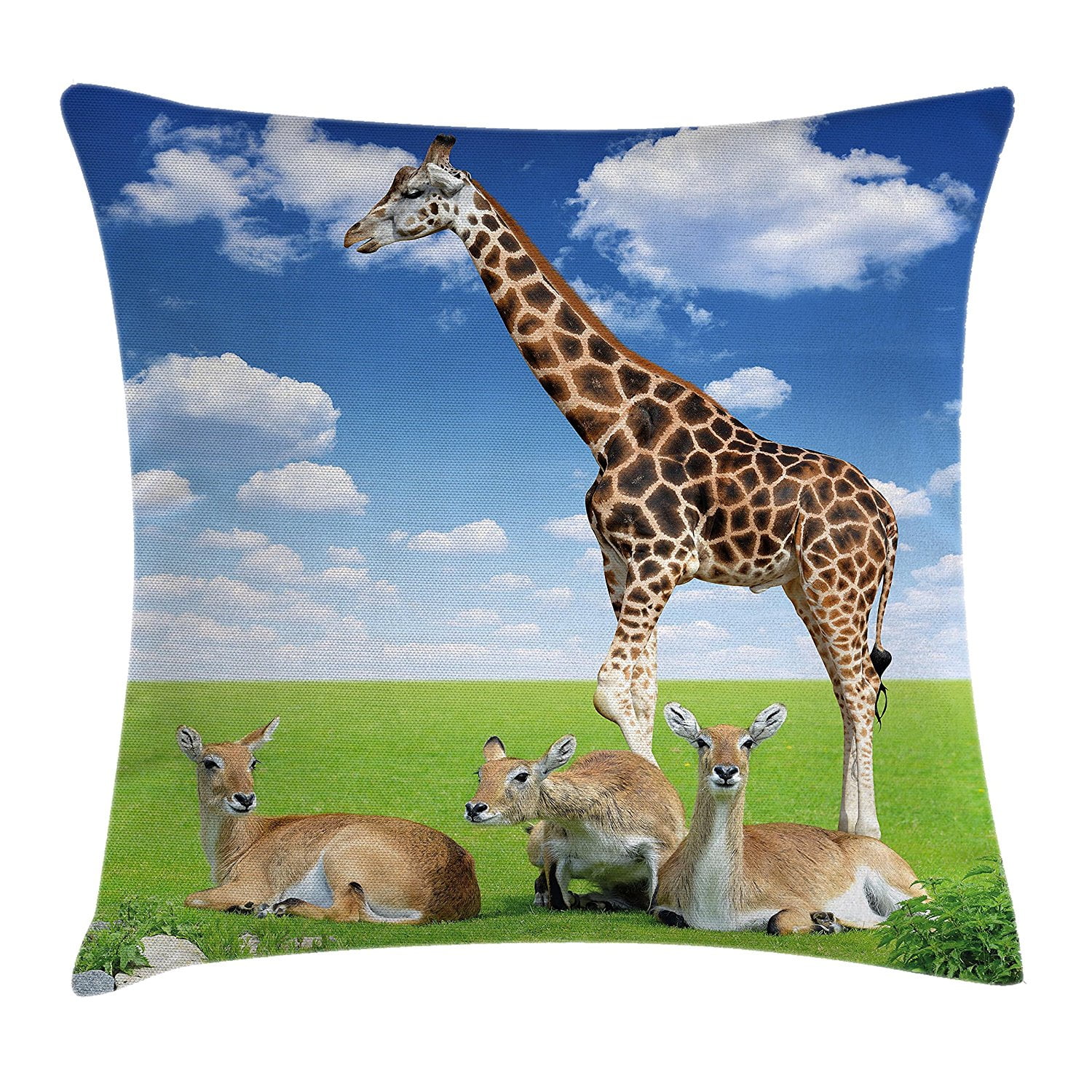Giraffe Throw Pillow Cushion Cover by , Antelope and Giraffe on Green