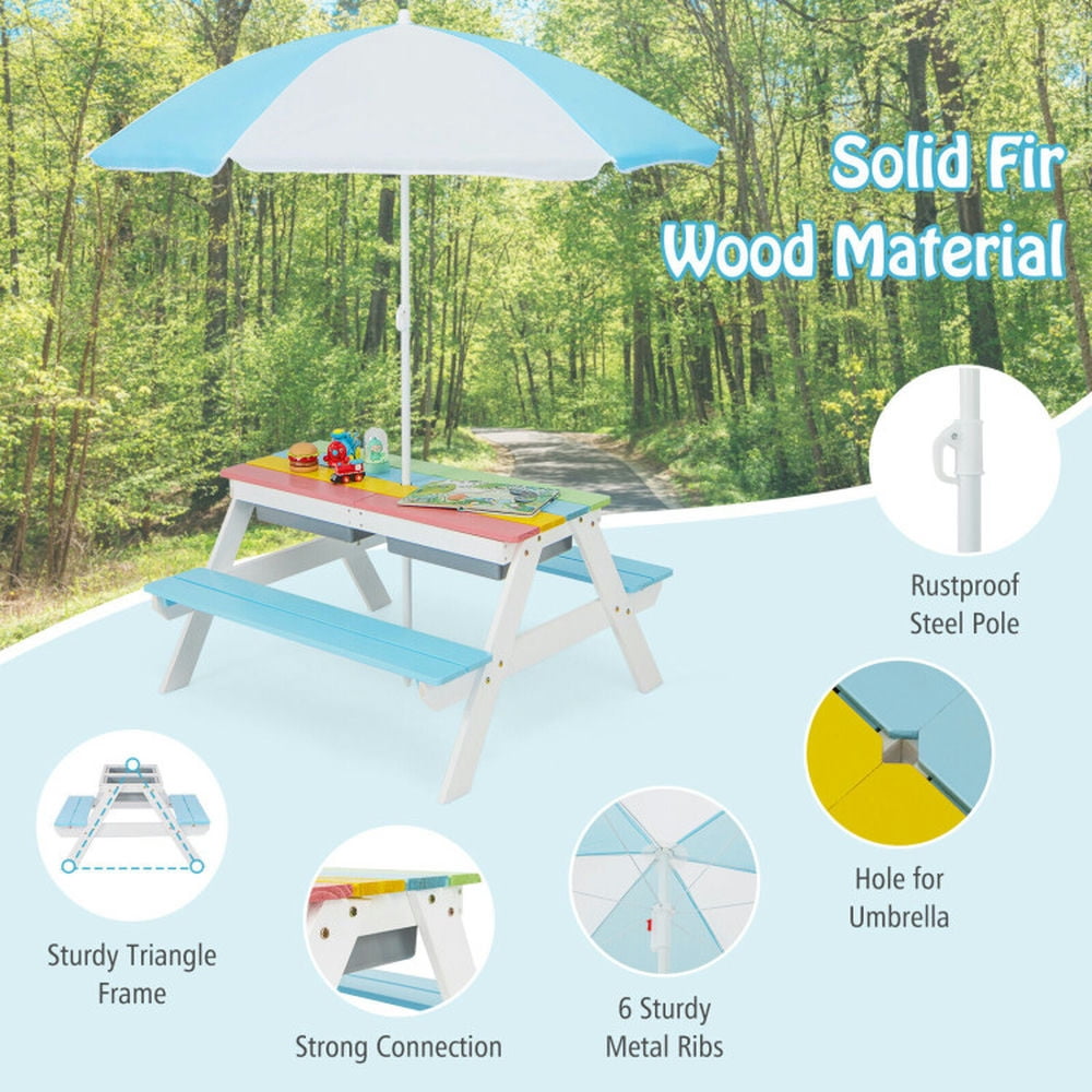 Topcobe 3-in-1 Kids Outdoor Picnic Water Sand Table with Umbrella Play Boxes, Kids Patio Furniture for Backyard, Garden-Blue