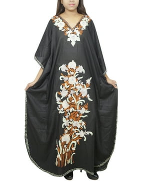 Mogul Women's Cotton Blend Maxi Caftan Black Floral Embroidered V Neck Kimono Sleeves House Dress Cover Up Kaftan Dress 4X